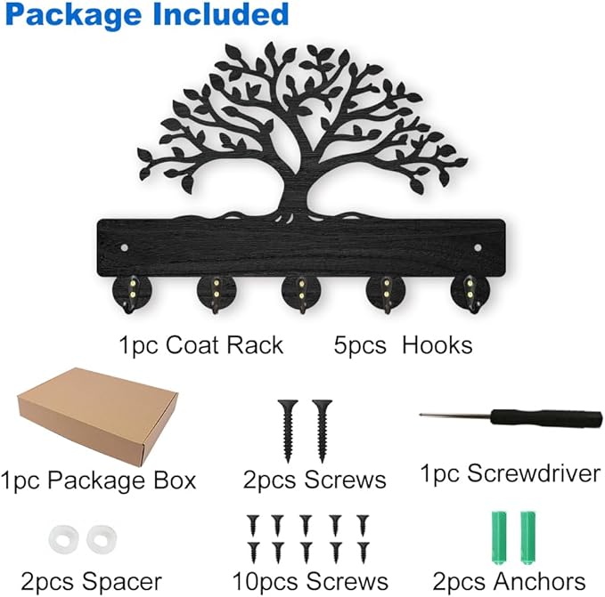MAYJOYDIY Tree of Life Coat Rack Wall Mount 11.8×7.9inch Lush Tree Key Holder for Wall Decorative Wood Black Key Rack Hanger 5 Alloy Hooks for Wall Art Decor Entryway Front Door Gift