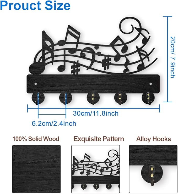MAYJOYDIY Music Notes Coat Hook Wall Mount 11.8×7.9inch Wood Musical Key Holder for Wall Key Hanger Wall Art Decor 5 Alloy Hooks Black Hook Rack Hat Towel Holder for Entryway Living Room Gift