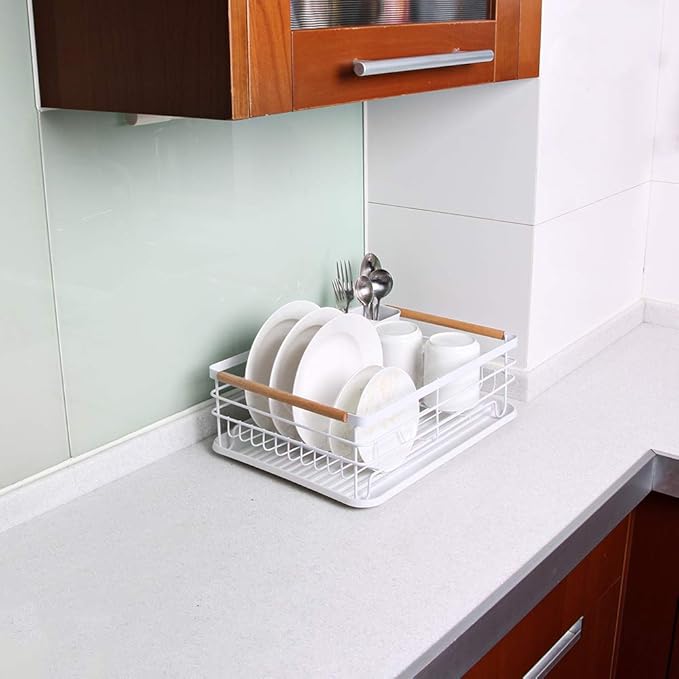 Modern Wood Handle Dish Rack and Drain Board, 16.5" x 12" x 5.5" Kitchen Plate Cup Dish Drying Rack Tray Cutlery Dish Drainer