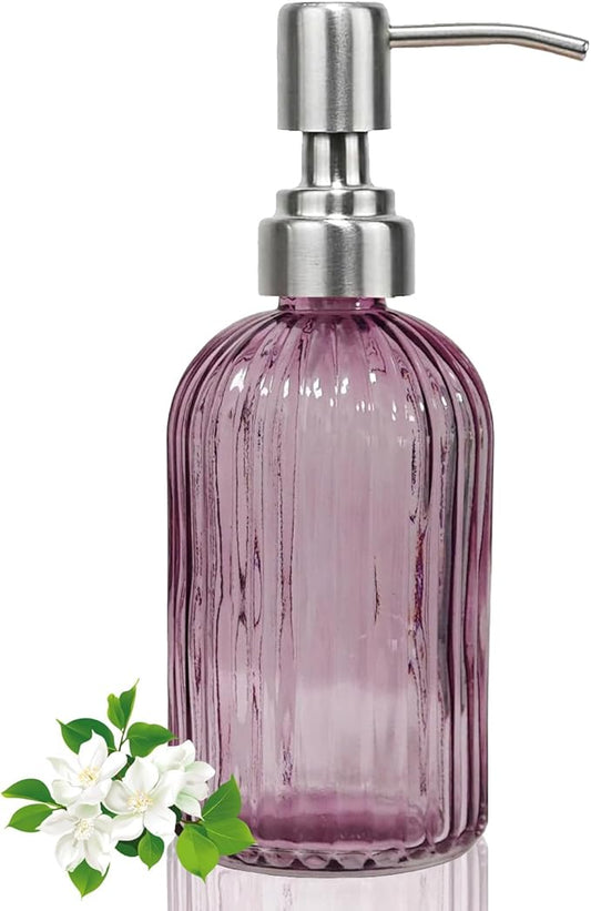 14Oz Purple Soap Dispenser Bathroom, Clear Glass Hand Soap Dispensers with Stainless Steel Pump, Refillable Dish Soap Dispenser for Kitchen, Countertop Soap Dispensers