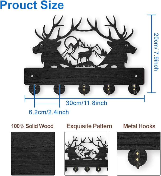 MAYJOYDIY Deer Mountain Forest Coat Hooks Wall Mounted 11.8×7.9inch Black Wooden Deer Key Holder for Wall 5 Alloy Hooks Wall Art Decor Deer Hangers for Towel Key Kitchen Bedroom Entryway Gifts