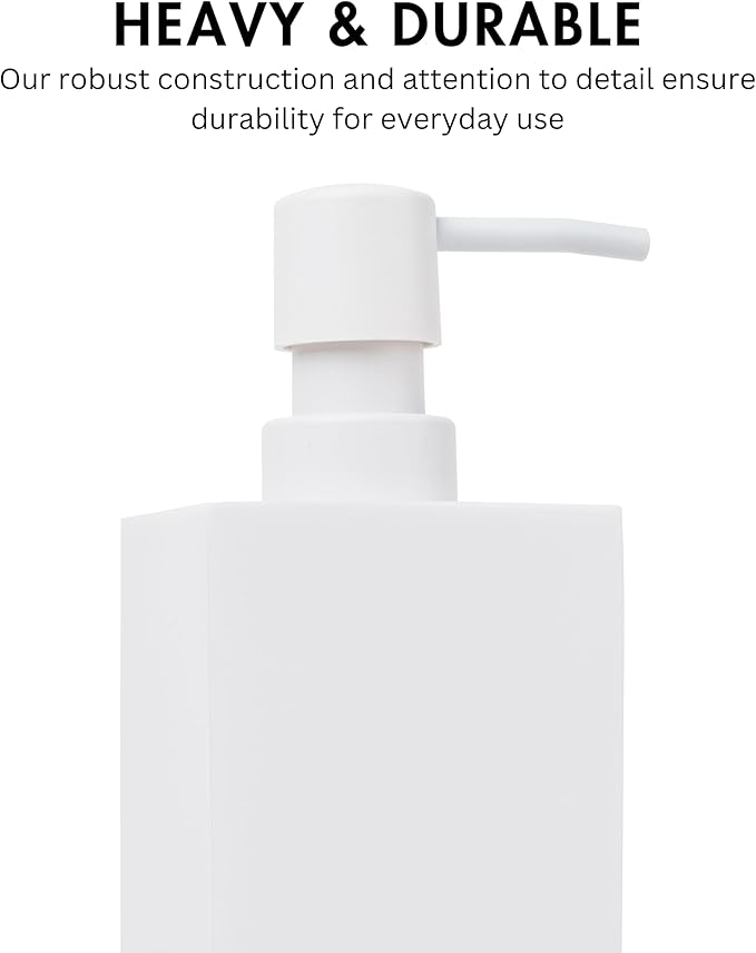 Matte White Square Soap Dispenser for Kitchen & Bathroom – 15 oz Refillable Resin Pump Bottle for Dish Soap, Hand Soap, Shampoo, Conditioner – Modern Countertop Dispenser with Non-Slip Protective Pads