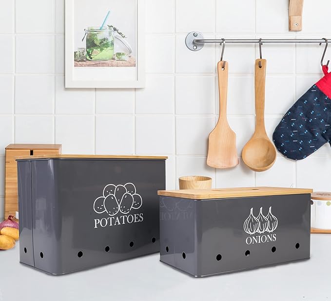 Potato Onion Kitchen Storage Canisters,Storage Bin For Kitchen 2 Pack Set,potatoe, Potato Storage Box，storage And Long Shelf Life With Aerating Tin Storage Holes-gray