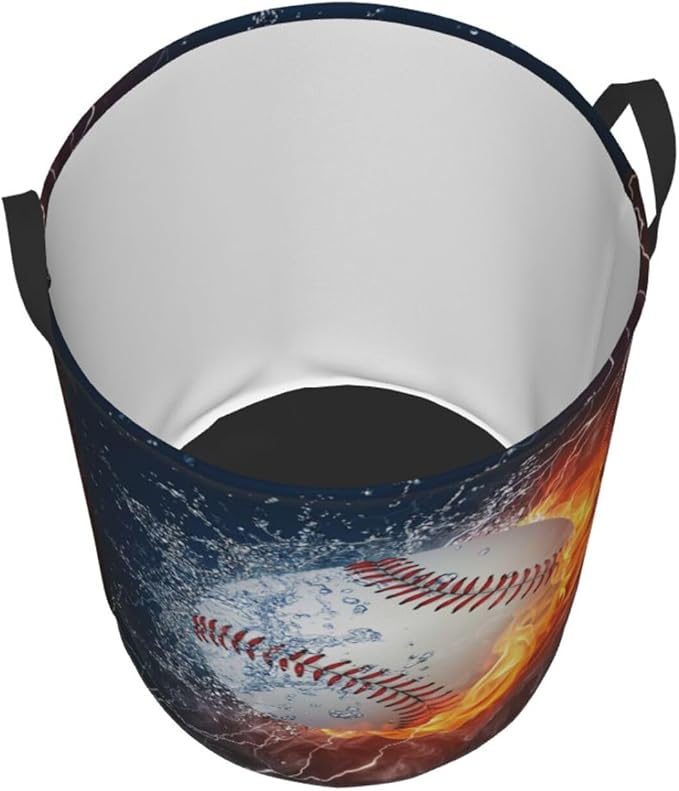 Sport Baseball Ball In Fire And Water Round Laundry Hamper Storage Basket Toys Clothes Organizer Bin For Home Bathroom Bedroom Dorm Nursery, 38l