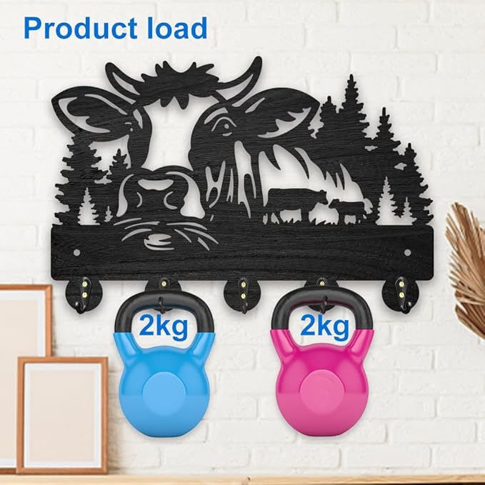 MAYJOYDIY Wood Cow Forest Coat Hooks Farm Animal Calf Tree Key Holder for Wall 11.8×7.9inch Decorative Cow Family Key Wall Hooks for Hanging 5 Alloy Hooks for Farmhouse Entryway Office Gift
