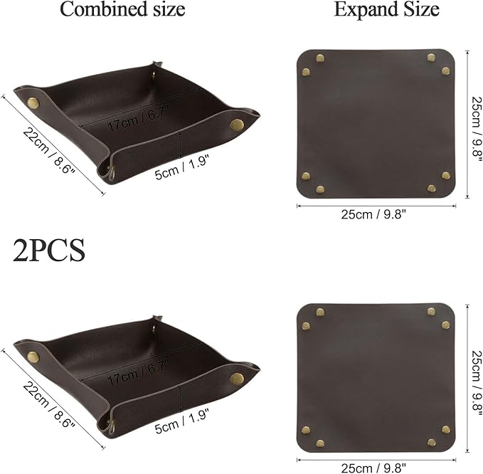 2 Pcs Leather Valet Tray Organizer Set, Folding Travel Storage for Jewelry Keys, Home Office Desk Organizer(BLACK)