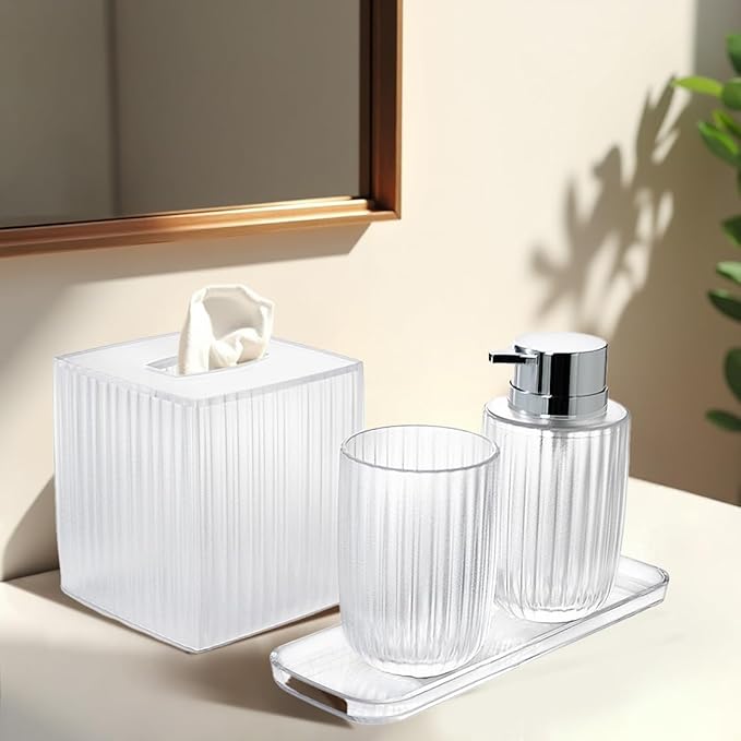 Decozen Bathroom Accessories - 4Pcs Bath Accessories for Home Decor Soap Dispenser, Lotion Dispenser, Tissue Box & Tray for Bath Decor Countertop Organizer - Christmas Decorations, Housewarming Gift