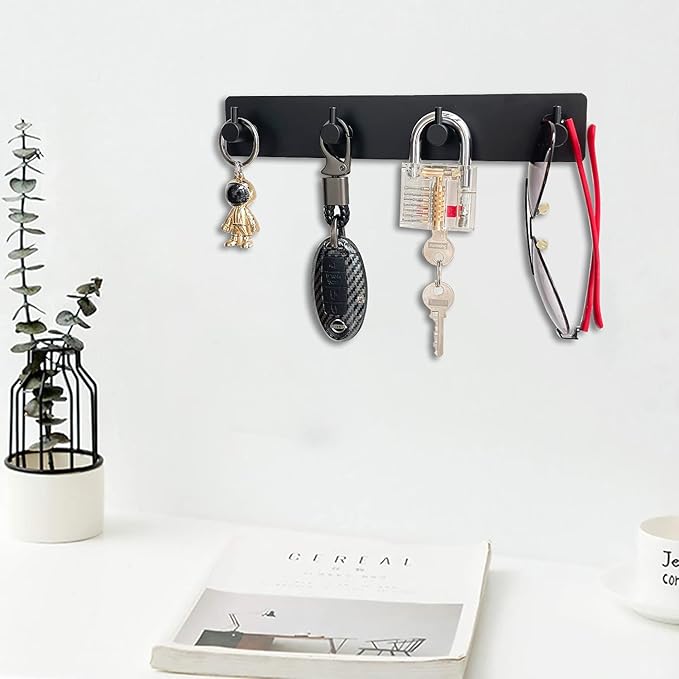 Wall Mounted Key Holder,4 Key Hooks for Wall Decorative,Adhesive Key Organizer Key Hanger for Entryway, Kitchen, Bedroom,Bathroom - (Black, 4 Hooks)