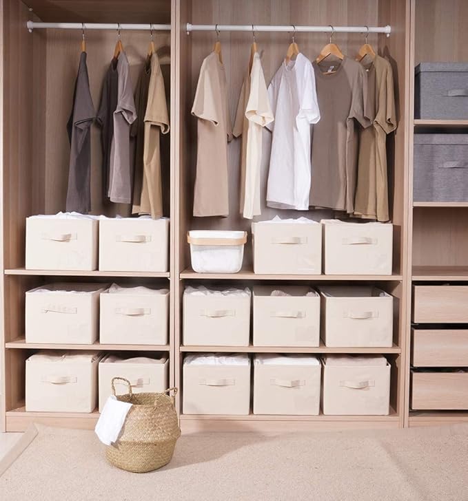 Basics Fabric Clothing Storage Bins - 10.6" x 10.6" x 11" - Collapsible Storage Cubes Organizer with Handles, Linen Foldable Storage Baskets Cloth Box Containers, Closet Organizers