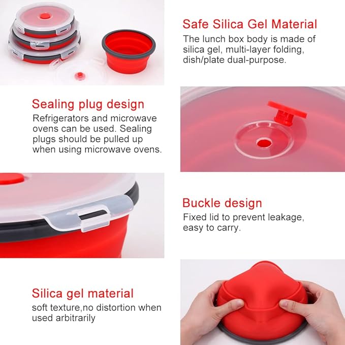 Guyuyii 4-Pack Silicone Collapsible Bowls with Lids - Round Nesting Food Storage Containers for Camping, RV & Office Lunch - Microwave Freezer Dishwasher Safe Foldable Set for Cereal, Soup & Leftovers
