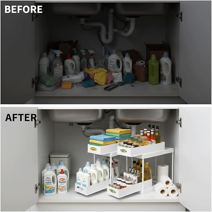 2 Pack Under Sink Organizer, Pull Out Cabinet Storage Organizers for Bathroom & Kitchen, Multi Purpose Under Counter Shelf Rack, Slide out Under the Sink Storage, Cabinet Organizer (White)