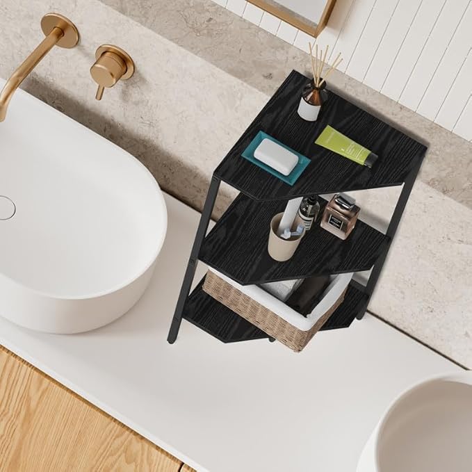 Under Pedestal Sink Shelf, 2 Pack Under Sink Organizers and Storage, 3-Tier Pedestal Under Sink Storage Bathroom Vanity, Corner Shelf Stand for Bathroom, Kitchen, Living Room, Black