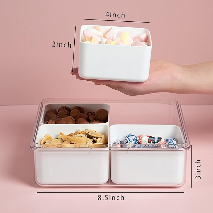 MineSign 3Pack Snackle Box Divided Veggie Serving Tray with Lid Salad Keeper with 4 Removable Boxes Stackable Refrigerator Organizer Bins Produce Saver for Meal Prep Fruit Vegetable Lunch Meat