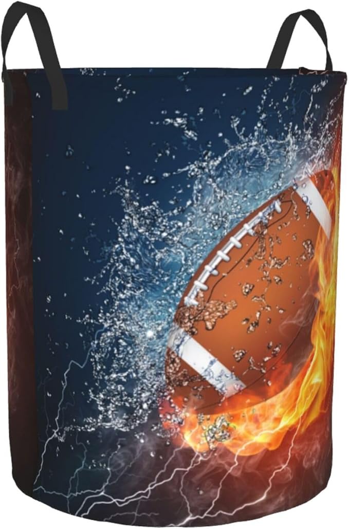 American Football Ball In Fire And Water Round Laundry Hamper Sport Rugby Storage Basket Toys Clothes Organizer Bin For Home Bathroom Bedroom Dorm Nursery, 38l