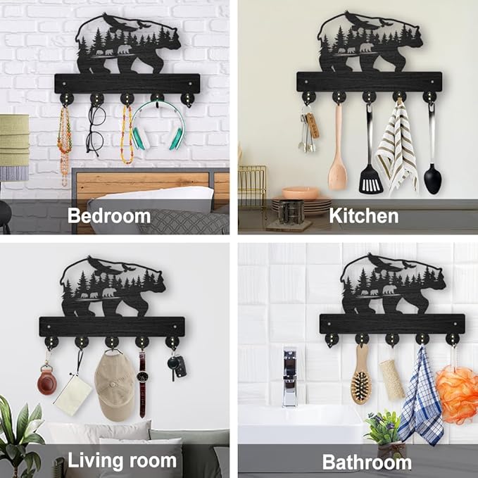 MAYJOYDIY Bear Forest Bird Coat Rack Wall Mount 11.8×7.9inch Bear Wall Art Decor Wildlife Animal Key Holder for Wall Black Wooden Key Hanger Rack 5 Alloy Hooks for Kitchen Bedroom Entryway Gifts