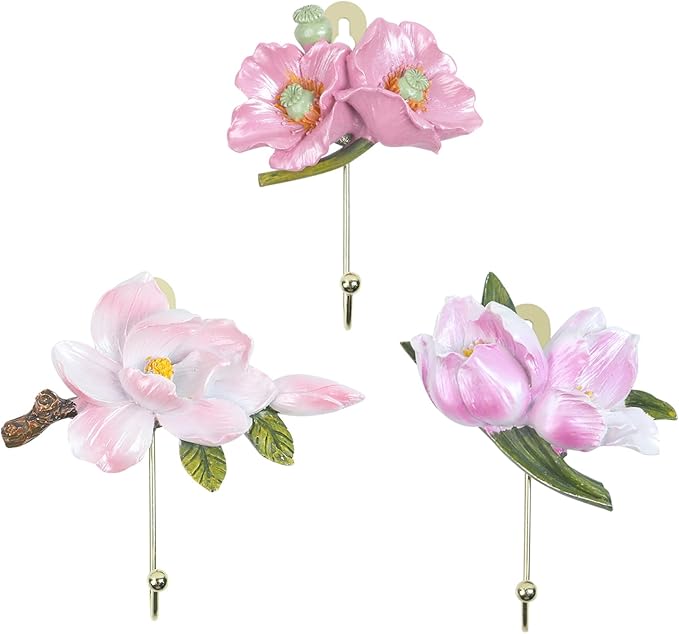 Oedema 3 Pcs Vintage Wall Hooks Flower Shaped Decorative Wall Mounted Art Flower Hook for Hanging Clothes Keys Hats Towels, Three Styles