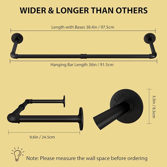 Wall Mounted Clothes Rack 38.4in, Industrial Pipe Wall Mount Clothing Rack, Heavy Duty Iron Garment Racks, Space Saver Multi-purpose Hanging Rod for Laundry Room, Closet Storage, 1 Pack