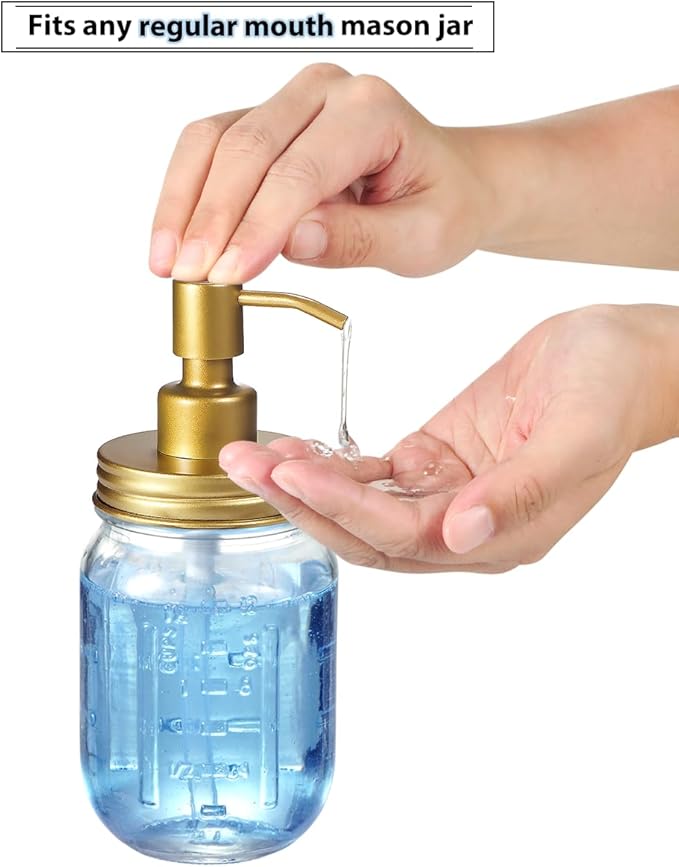 Mason Jar Bathroom Accessories Lids Set(4pcs) - Jars Not Included - Soap Dispenser, Apothecary Jars Lids for Regular Mouth Mason Jars, Wide Mouth Toothbrush Holder lid,-Stainless Steel,Gold
