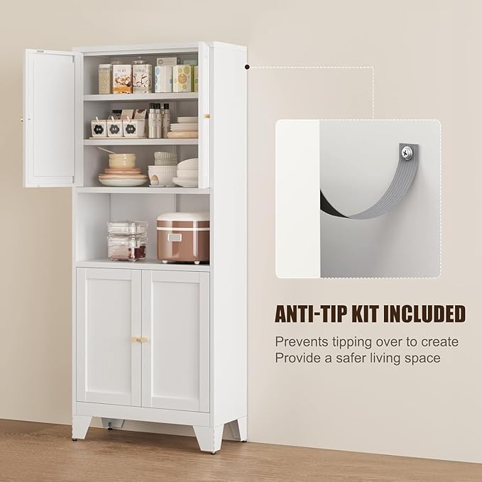 69" Tall Metal Pantry Cabinet with Microwave Shelf,Microwave Storage Cabinet with 4 Doors & 3 Adjustable Shelves,Metal Cabinet with Storage for Kitchen Dining Room Living Room(1PC,White)