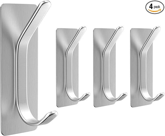 Adhesive Wall Hook for Towel, Coat, Extra Sticky 8LB Stainless Hook, Stick on Hanger for Bath or Shower, Silver 4-Pack