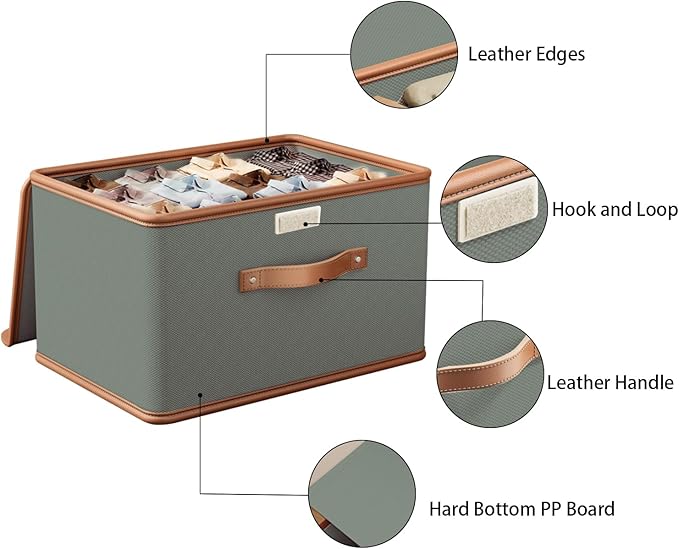 Tuza 4 Pack Storage Bins with Lids, Collapsible Closet Organizer Container, Fabric Organizer Box with Handles, Decorative Storage Boxes with Lids for Organizing Clothes, Blanket, Grey, Medium