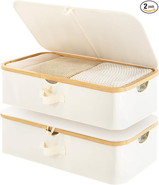 StorageWorks 2-Pack Underbed Storage Box with Bamboo Frame, 42L Flip-Top Under Bed Container for Blankets, Bed Sheets, Coverlets and Towels, Beige