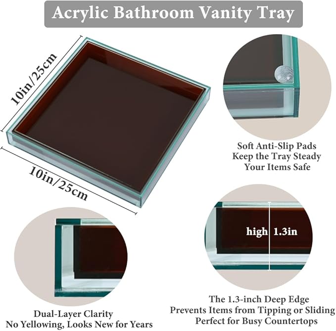 10"x10" Brown Acrylic Tray, Decorative Bathroom Vanity Counter Tray for Perfume, Candle, Soap, Coffee Table & Kitchen â Square Acrylic Organizer for Sink, Entryway Table, Dresser Home Decor