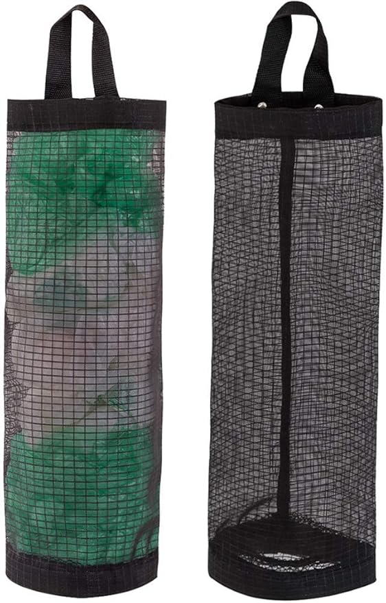 Bag Holder for Plastic Bags, 2 Pcs Polyester Grocery Bag Holder Plastic Dispenser Foldable Breathable Washable Hanging Mesh Garbage Bag Organizer for Kitchen Plastic Bag Storage (Black)