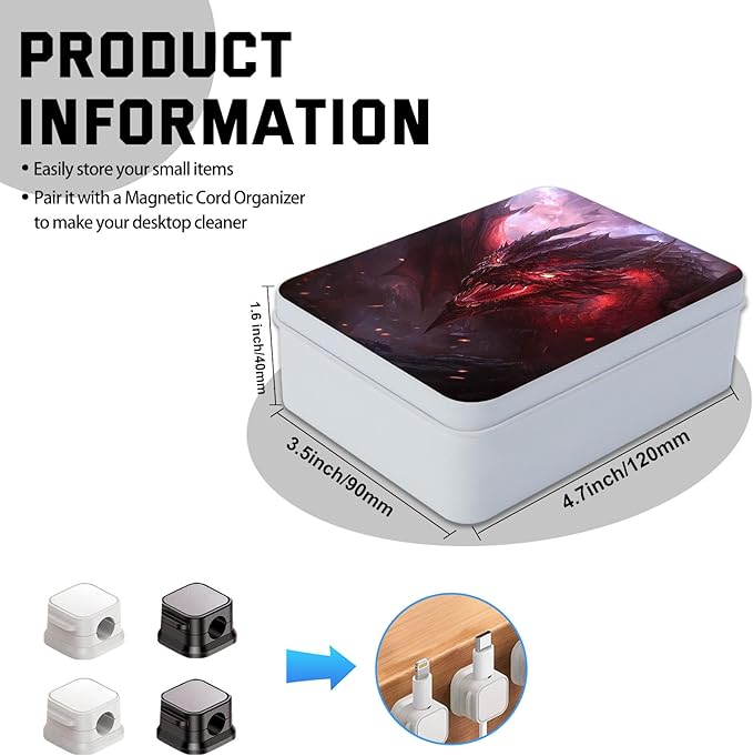 Metal Tin Box with Lid,Multi-functional Storage Box Can Store Tea Biscuits Game Cards, Playing & Tarot Cards-Comes with 4 Magnetic Cord Clips,Red Dragon Portrait