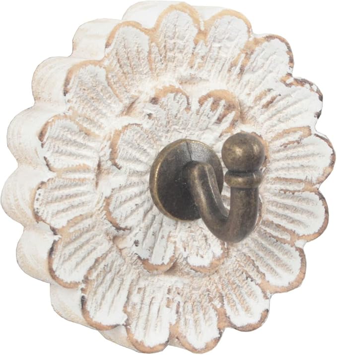 Distress Wood Flower Coat Hooks for Wall Hanging, Single Small Vintage Decorative Hanger for Keys, Bags, Towels (Robe Hanger)