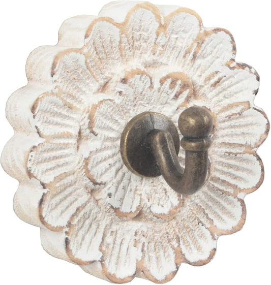 Distress Wood Flower Coat Hooks for Wall Hanging, Single Small Vintage Decorative Hanger for Keys, Bags, Towels (Robe Hanger)