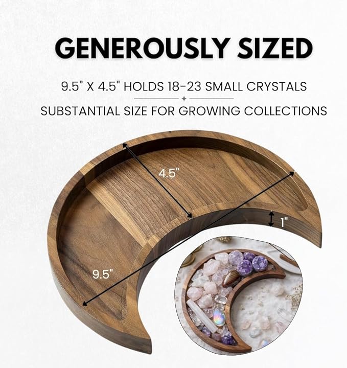 Walnut Moon Crystal Display Tray - Gothic Wooden Altar Tray 9.5" x 4.5" for Crystals and Stones Storage - Solid Wood Jewelry Organizer Dish - Spiritual Decor