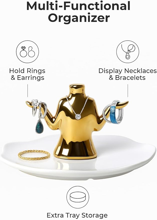 Gold Jewelry Holder with Tray â Ceramic Ring Dish, Earring Stand, Necklace & Bracelet Organizer â Decorative Trinket Dish Jewelry Organizer for Vanity, Dresser, or Nightstand