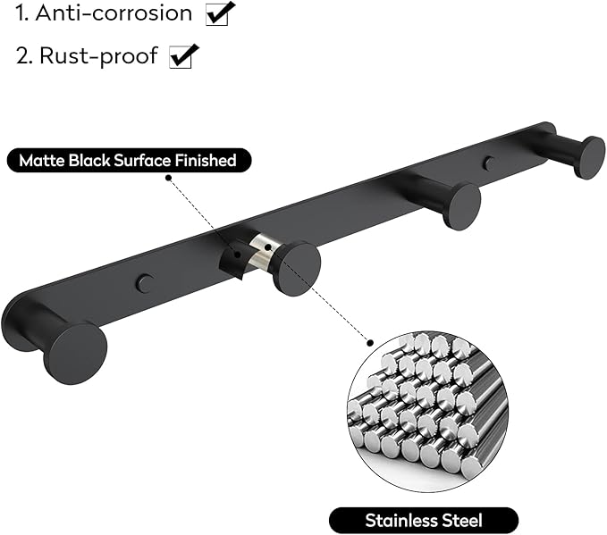 BigBig Home Black Towel Hook, Bathroom Wall Hook Rack with 4 Hooks Matte Bedroom Coat Hook Kitchen Robe Hanger Wall Mount
