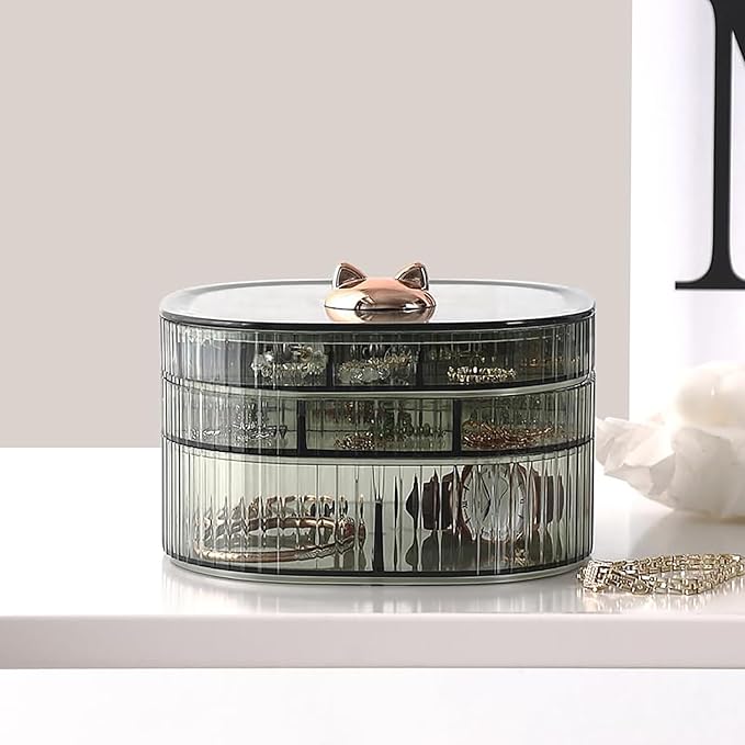 Jewelry Box, 3-Layer Acrylic Jewelry Organizer with Cat Shape Handle, Clear Jewelry Boxes for Women Girls, Make up Organizer, Jewelry Storage Holder (Green, Cat)