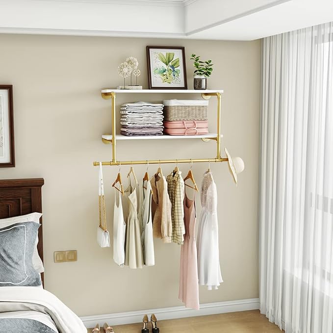 MAIKAILUN Gold Wall Mounted Clothes Rack with 2 Tier Shelves, 42" Long, Heavy Duty Iron and Wood Construction, Ideal for Clothes, Laundry Room