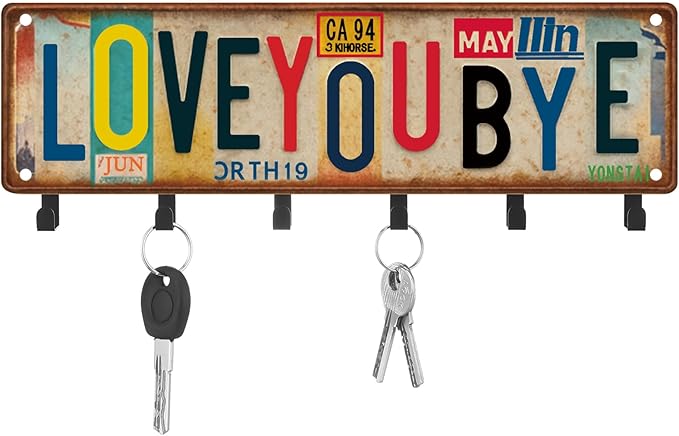Key Holder Wall Mount Love You Bye Key Holder Hook Rack Organizer Hanger with 6 Hooks for Wall Express Love Art Sign Decor for Entryway Front Door(Vintage Style,11.8 x 4)