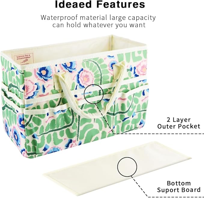 E-WEICHEN Craft Organizer Tote Bag Art Storage Caddy with Multiple Pockets Containers for Art,Craft,and Office Supplies Storage.Green Leaves Flower