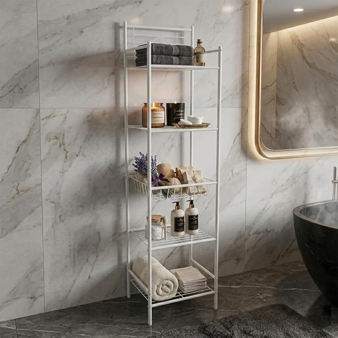 Bath Bliss 5 Tier Freestanding Bathroom Storage Shelf, White Metal Organizer Rack | Rust Resistant Space Saving Bathroom Stand | Toilet Paper Towel Holder | Bathroom Organizer for Small Spaces