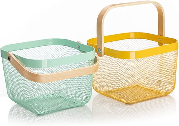 Mesh Steel Storage Organizer Basket Fruit Basket Bin with Wood Handle Ideal for Kitchen Bathroom Picnic Baskets Pantry Cabinets Storage Home Decor (Lemon Yellow)