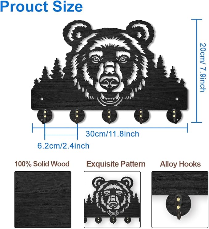 MAYJOYDIY Wooden Bear Forest Coat Hooks Wild Animal Tree Key Holder for Wall 11.8×7.9inch Decorative Bear Head Key Hooks Organizer Rack with 5 Alloy Hooks for Gift Farmhouse Hallway Entryway Decor