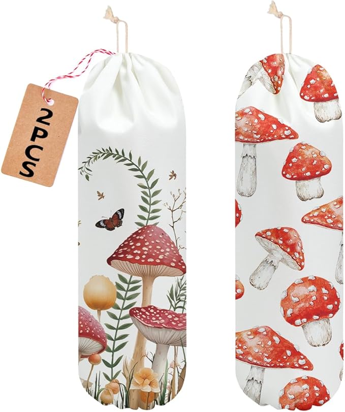 2 Pcs Mushroom Plastic Bag Holder, Floral Butterfly Grocery Bag Holder for Plastic Bags, Reusable Washable Shopping Bags Storage Dispenser for Home Kitchen Pantry Decor, Cute Mushroom Gifts for Women