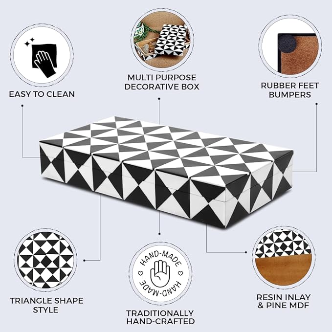 Handicrafts Home Large Decorative Storage Box with Lid – Black and White Coffee Table Storage Box, Remote Control Holder, Keepsake Storage Box for Living Room & Shelf Decor – Trianlge 12 x 6 x 2