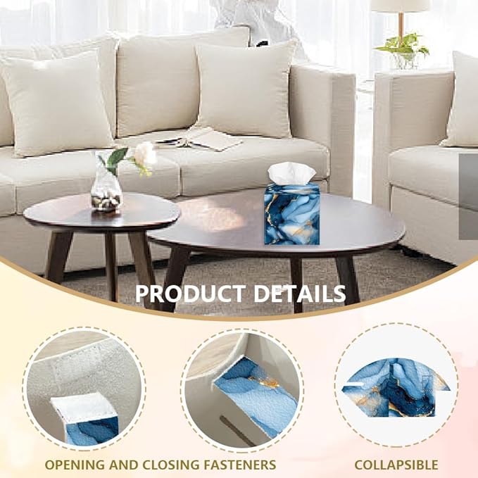 Blue Marble Tissue Box Holder, Square Tissue Box Cover Foldable Tissue Storage Box Waterproof Paper Towel Case Container Organizer Tissue Box Holder for Bedroom Office Car
