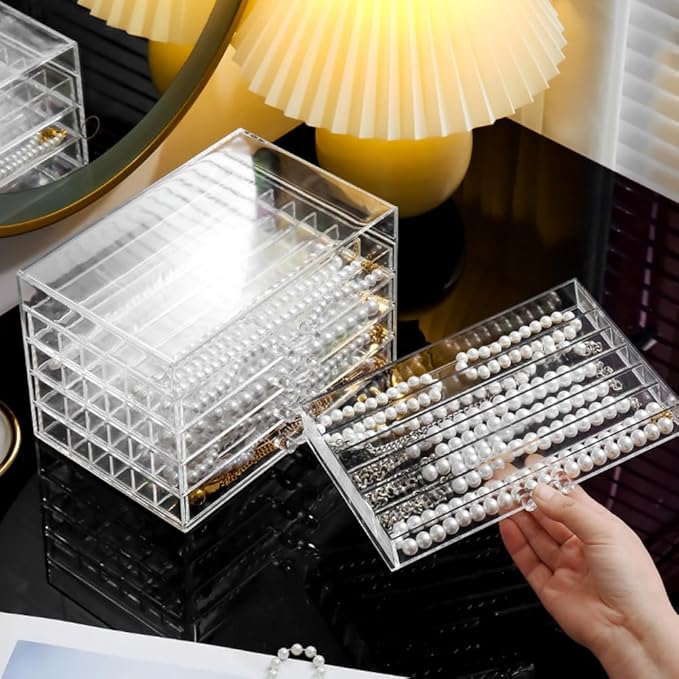 Necklace Box Necklace Holder Organizer, Acrylic Necklace Organizer Box Clear Necklace Display Jewelry Tray with Transparent Lid Jewelry Display Box for Necklace (Clear White, 5 Drawer 30 Girds)