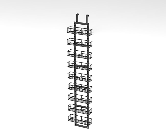 EVERIE 9-Tier Over Door Storage Rack, Metal Hanging Organizer with Bigger Hanging Slots and Heightened Baskets, Kitchen Bathroom Living Room Dining Room Pantry Shelves (Black, 9 Tier)