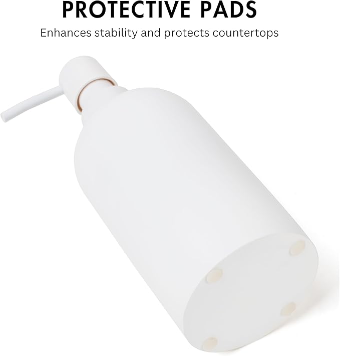 Matte White Round Soap Dispenser for Kitchen & Bathroom – 15 oz Refillable Resin Pump Bottle for Dish Soap, Hand Soap, Shampoo, Conditioner – Modern Countertop Dispenser with Non-Slip Protective Pads