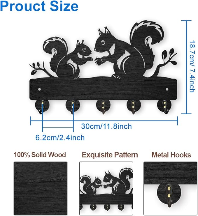 MAYJOYDIY Squirrel Coat Rack Wall Mount 11.8×7.4inch Wood Animal Key Holder for Wall Forest Animal Tree Branch Key Hanger 5 Alloy Hooks Key Hooks Rack Art Decor Gift for Farmhouse Entryway Hallway