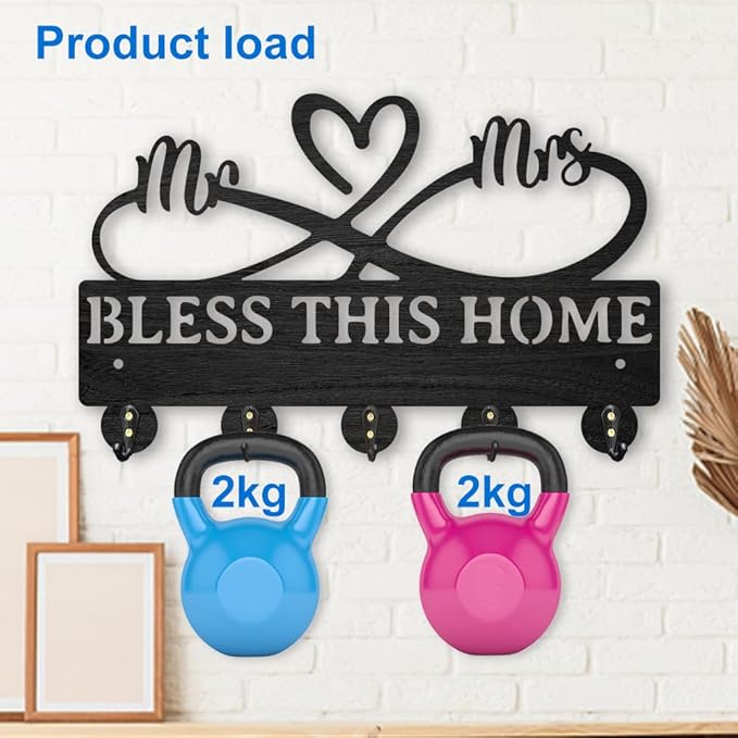 MAYJOYDIY Mr Mrs Coat Rack Wall Mount 11.8×7.3inch Wood Family Key Holder for Wall Bless This Home Love Heart Key Hanger 5 Alloy Hooks Wall Key Hooks Rack Art Decor Gift for Living Room Door Hallway