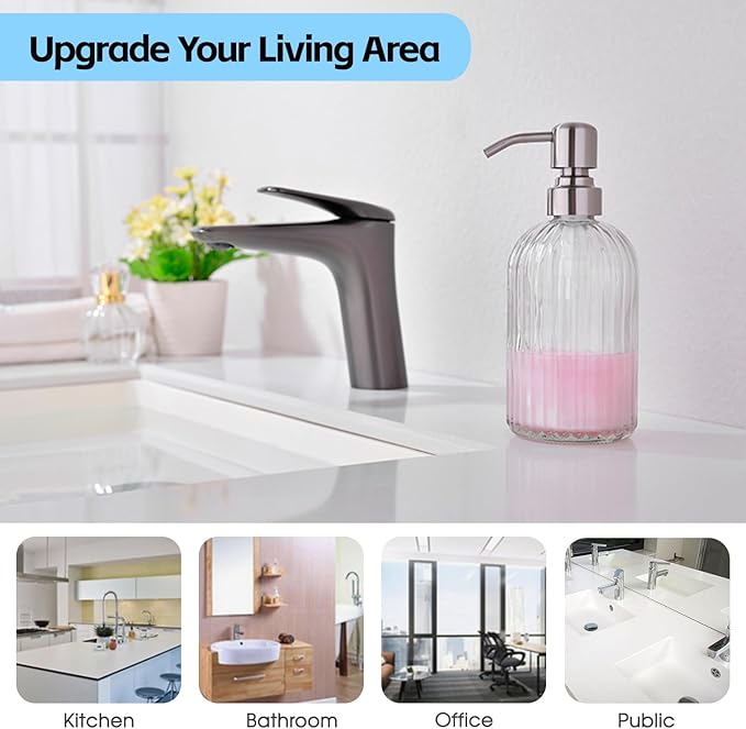 Glass Soap Dispensers for Kitchen and Bathroom, 16oz Heavey Glass Bottle, Stainless Steel Brushed Nickel Pump,Clear Farmhouse Bathroom Soap Dispenser